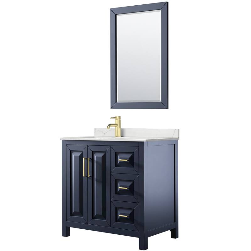 Daria 36-inch Single Vanity, Single Hole Quartz Top, 24-inch Mirror - Dark Blue, Gold Trim, Giotto Quartz Top