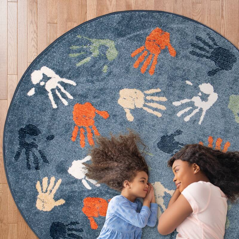 Orian Rugs Playroom Handprints Blue Stain Resistant Kids Area Rug