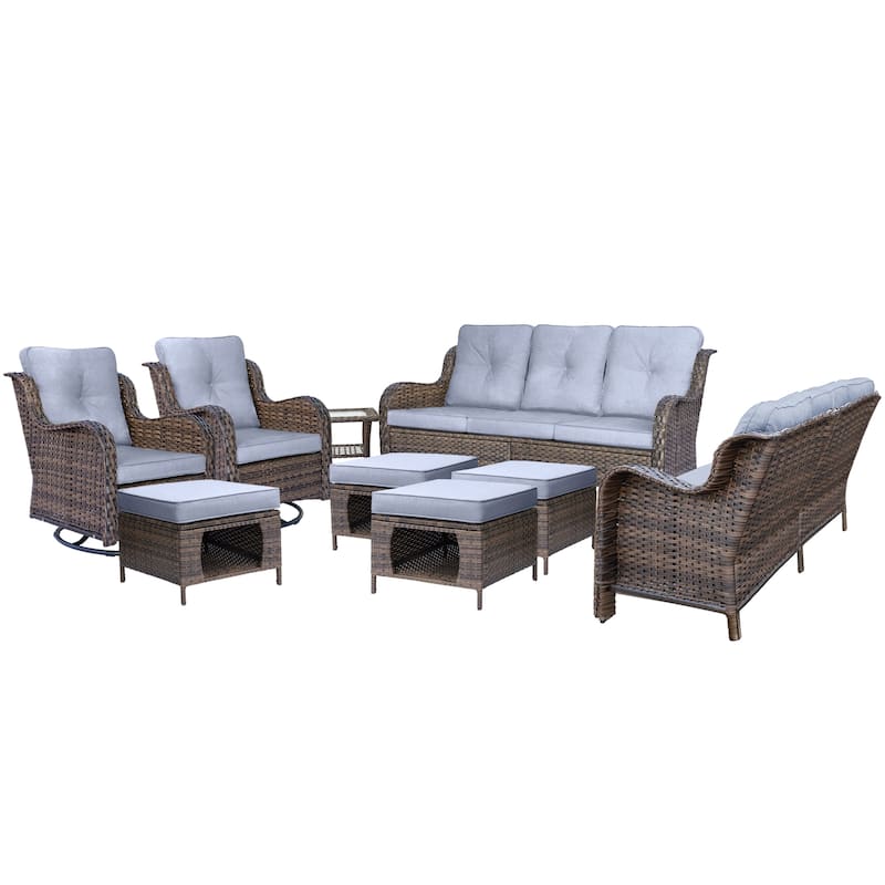 9 Piece Outdoor Wicker Patio Conversation Swivel Chairs Furniture Sets