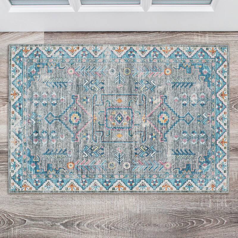 Barron Machine Washable Grey and Green Area Rug