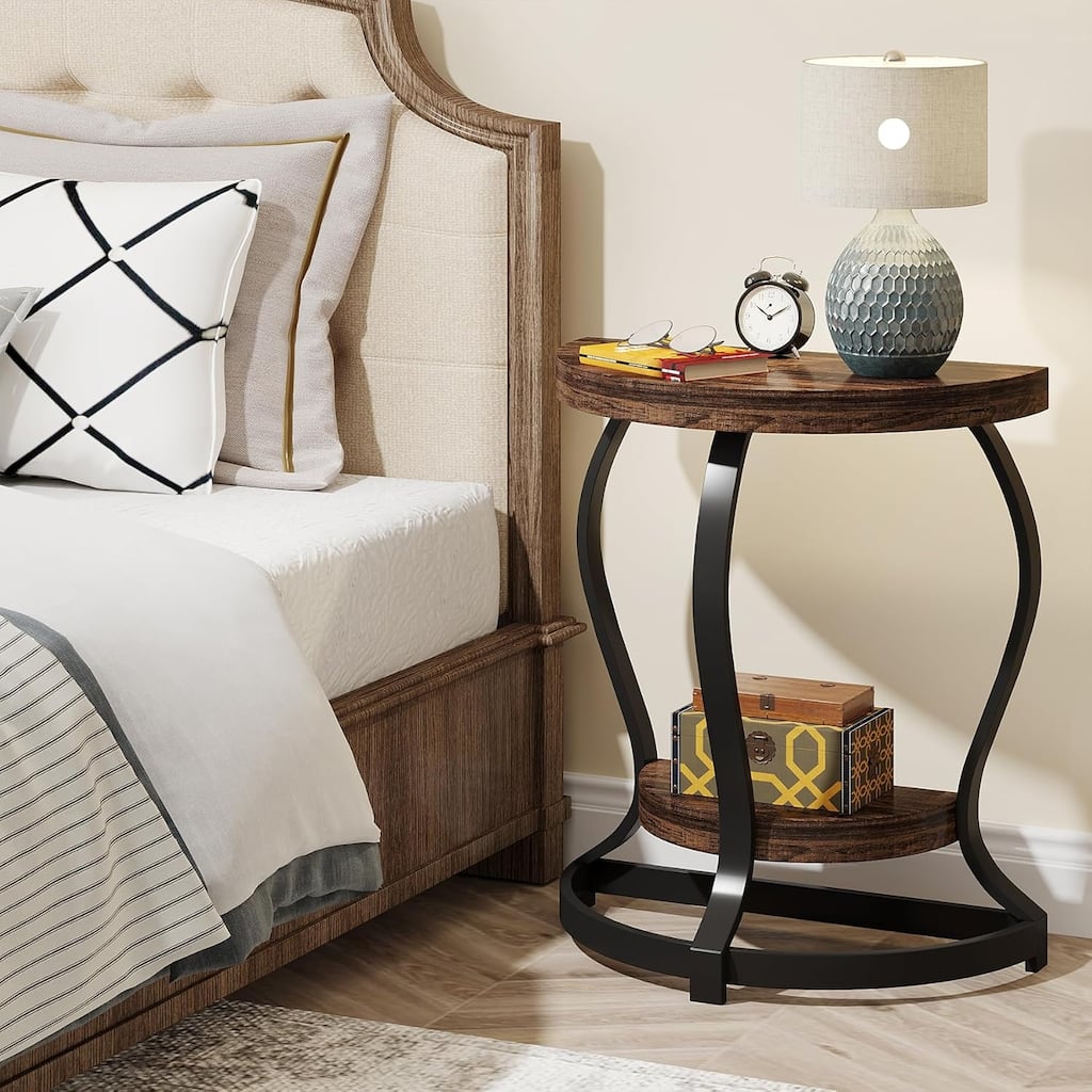 23.6" Half-Round End Table, 2-Tier Semi Circle Side Table Thick Wood Top, Rustic Brown