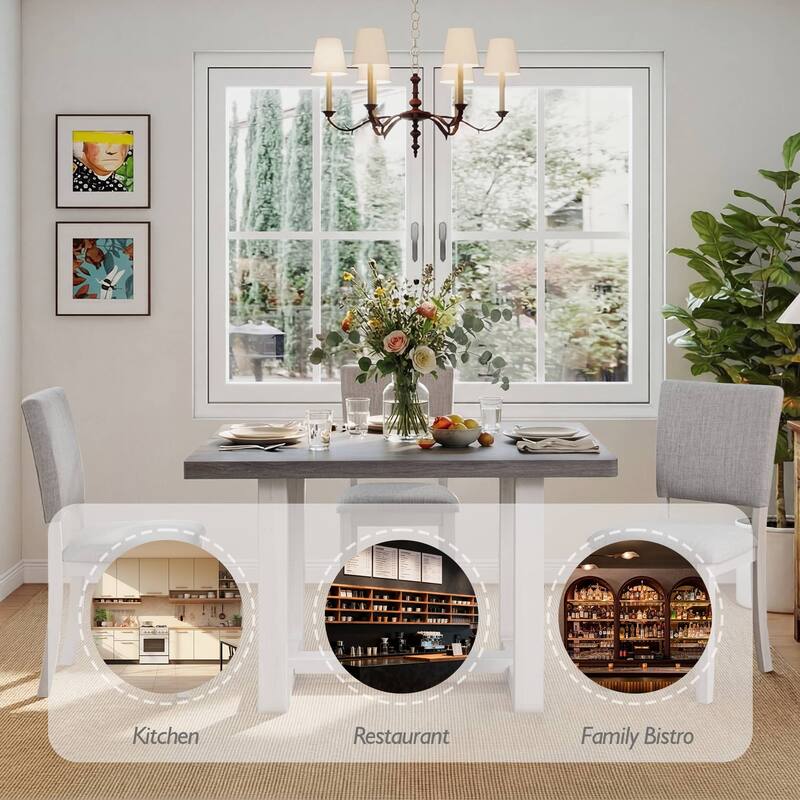 Rossetta 5-Piece Wood Transitional Farmhouse Style Dining Table Set with U-Shaped Trestle Base Table, 4 Upholstered Side Chairs