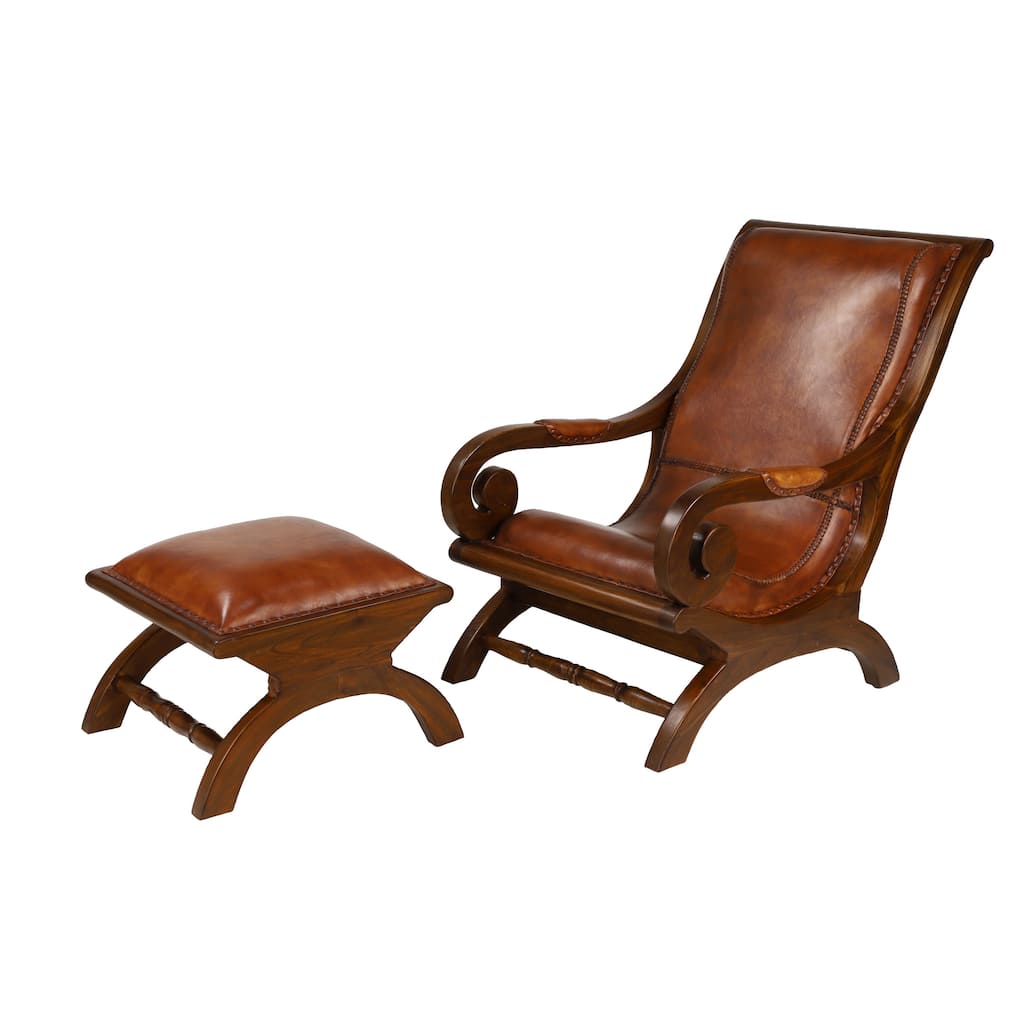 Leather Handmade Accent Chair with Ottoman with Scrolled Wood Arms and Arched Legs - Brown or Black - Roche River Decor