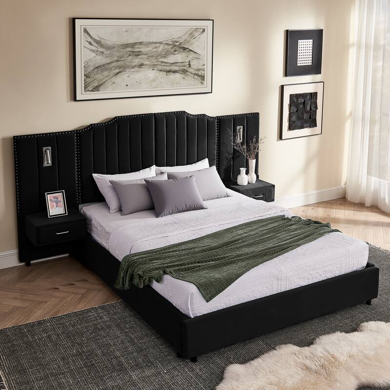 Queen Size Upholstered Bed Frame with Velvet Fabric, Vertical Stripe Design with Buttons Around Platform Bed