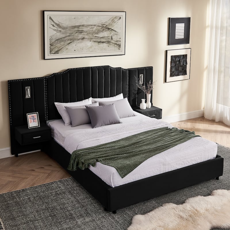 Upholstered Bed, Vertical Stripe Buttons Design Wingback Bed Frame, Velvet Fabric Platform Bed with Bedside Table