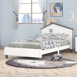 Twin Size Wood Platform Bed with House-Shaped Headboard