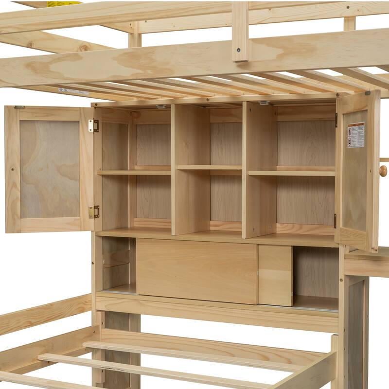 Twin over Twin Loft Bed with Built-in Desk, Staircase & Storage, Natural Pine Wood & MDF