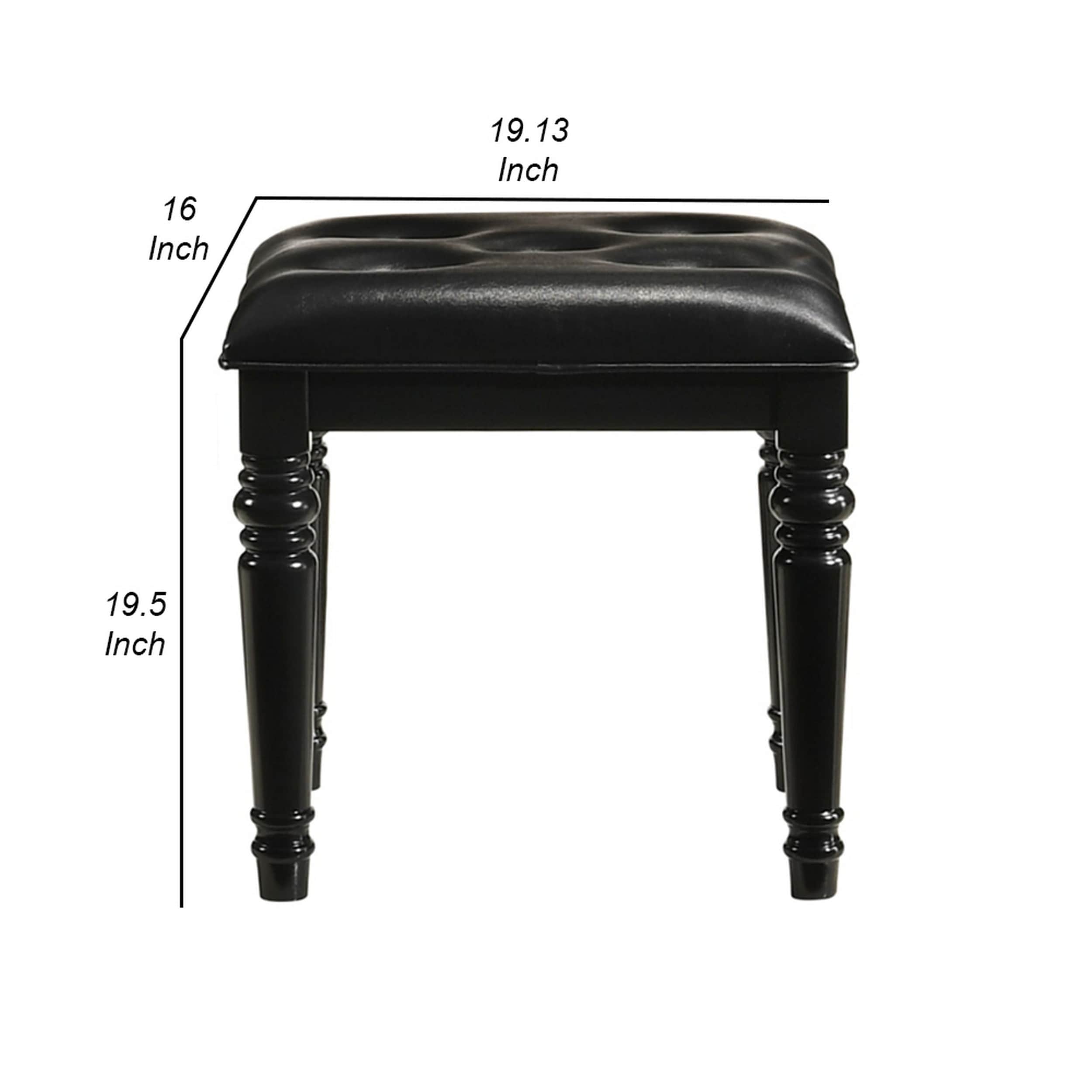 Kya 20 Inch Vanity Stool Black Tufted Vegan Faux Leather Seat