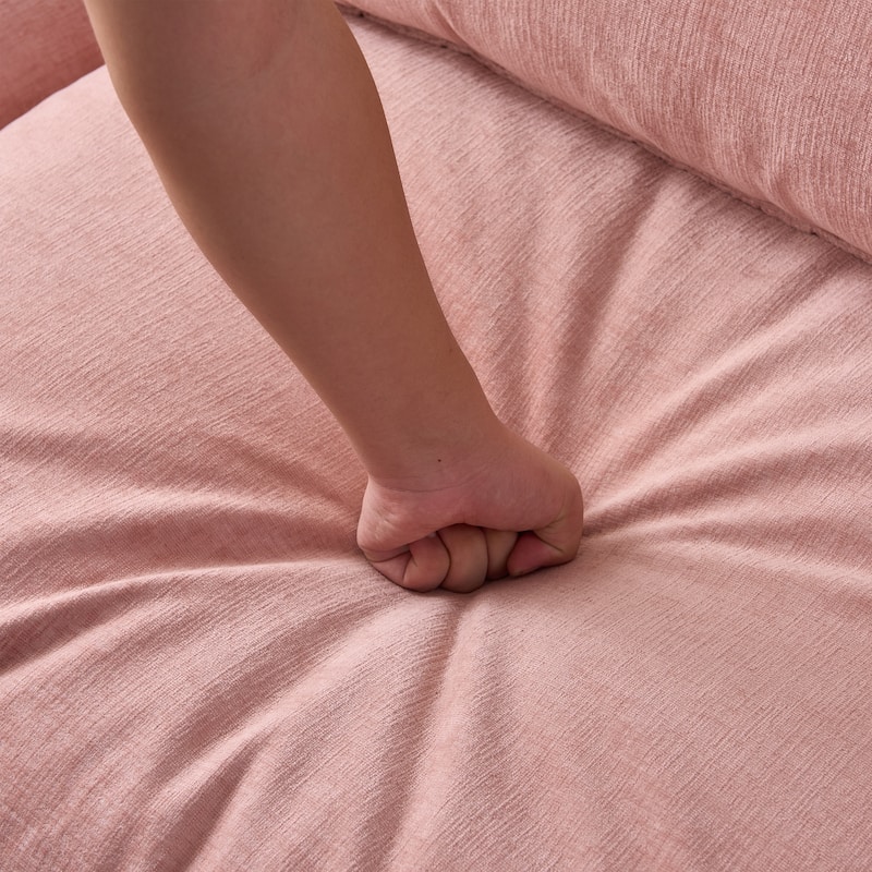 Chenille Upholstered L-shaped Sectional Sofa 3 Seater Modular Couch with Ottoman, Pillows and Double Layer Seat Cushions