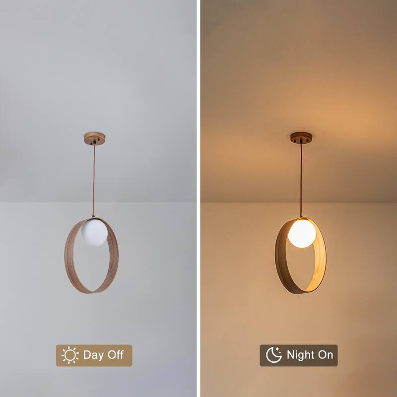 12-in Modern Wood Pendant Light Opal Glass Globe Kitchen Hanging Lamp - Dia.12-in