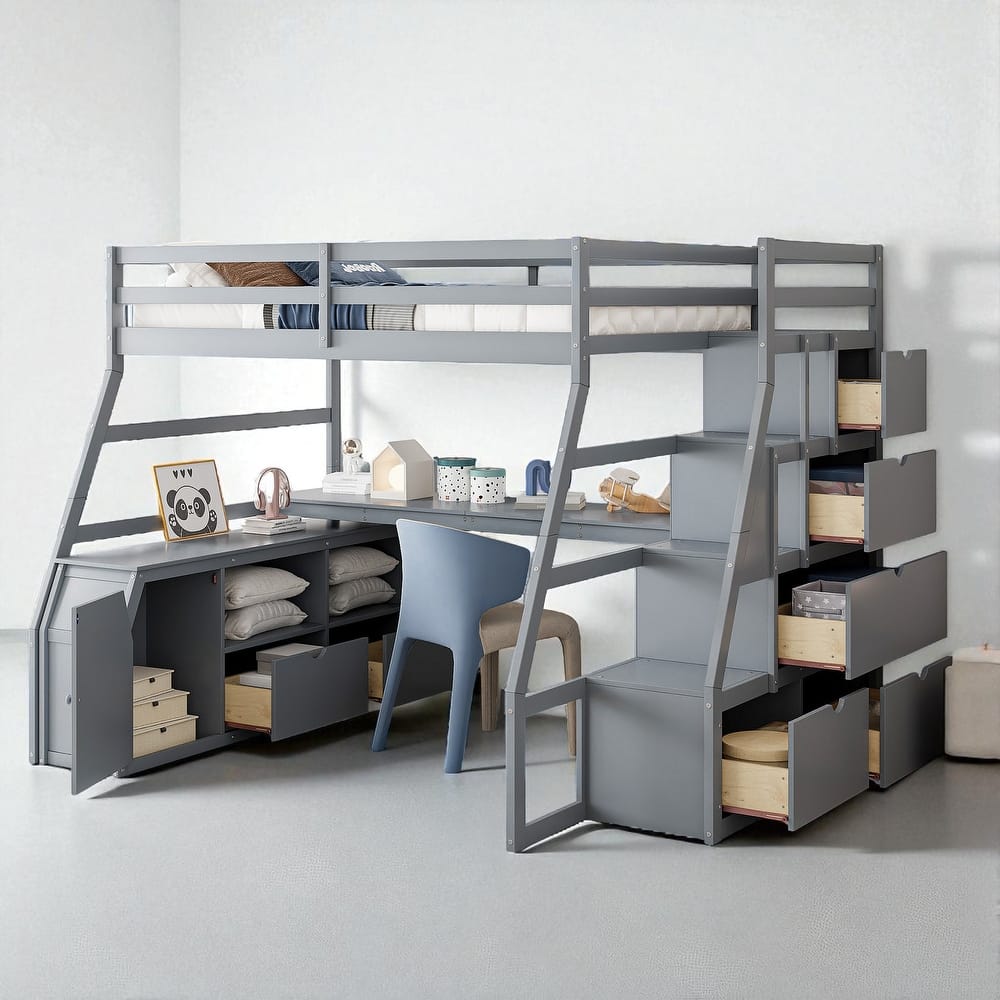 Twin/Full Loft Bed with 7 Drawers, 2 Shelves, and Built-in Desk for Bedroom Organization