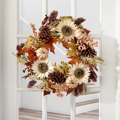 20" Sunflower/Pumpkin Wreath - Cream Green