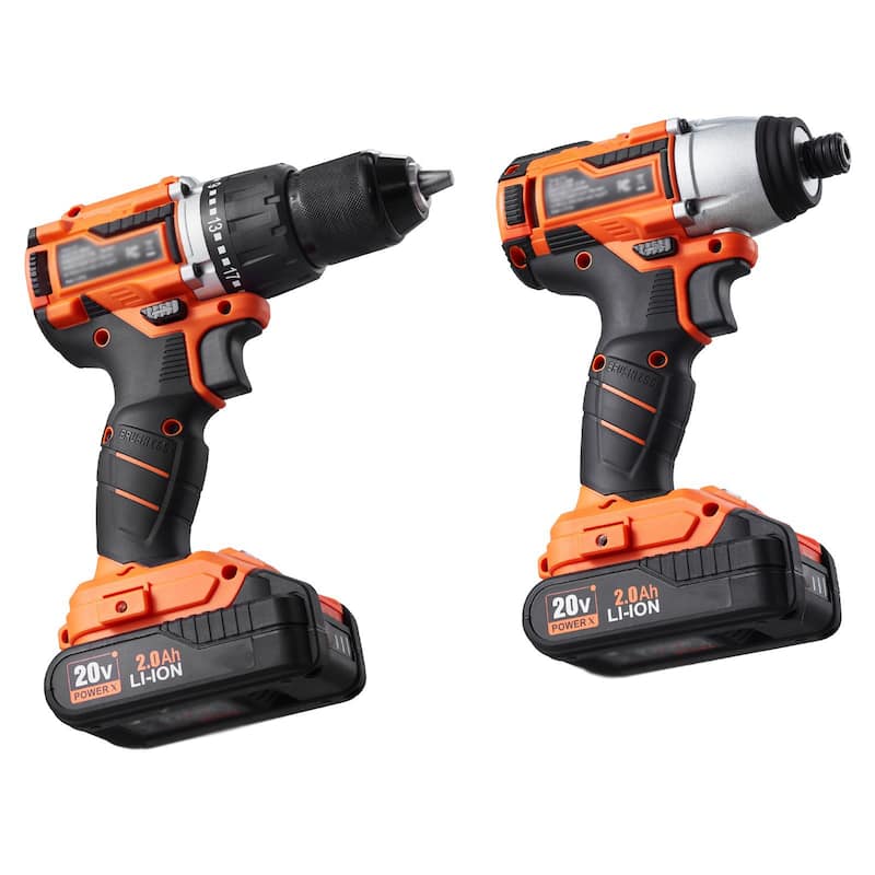 Black and Orange 20V Brushless Drill and Impact Driver Set with 2Ah Batteries and Dual Speed 2 Tool Set - 6.7 x 3 x 9.4 in