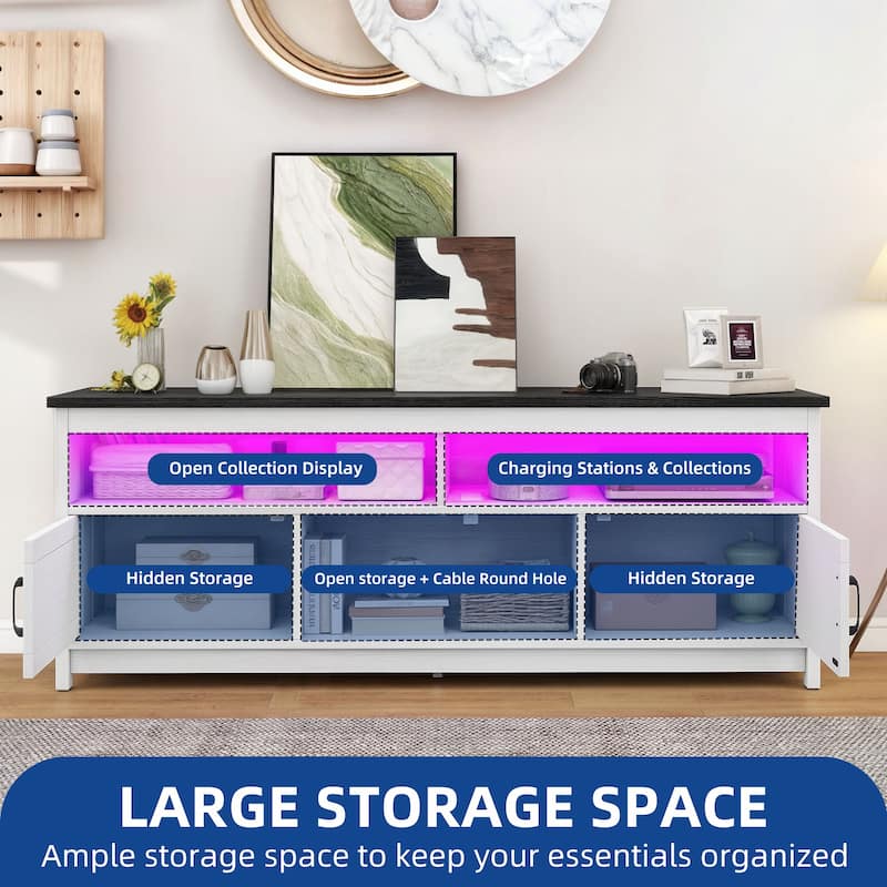 Farmhouse TV Stand for up to 65" TV with Doors and Open Shelves Media Console Power Outlet