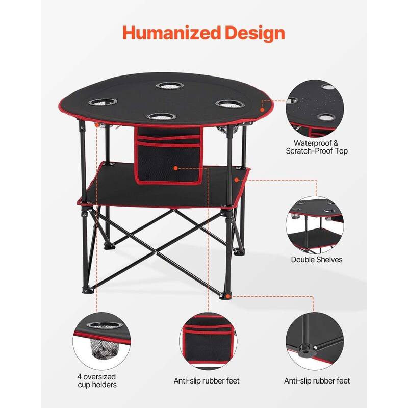 Black Foldable Camping Table with Waterproof Surface and 4 Cup Holders for Compact Travel Design