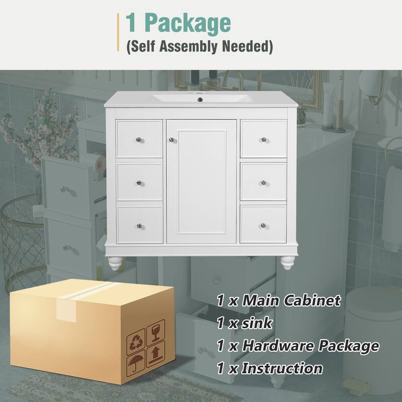 36" Modern Bathroom Vanity with Ceramic Sink - 4 Drawers & 1 Door, Adjustable Shelf - Solid Wood Frame & MDF for Bathroom