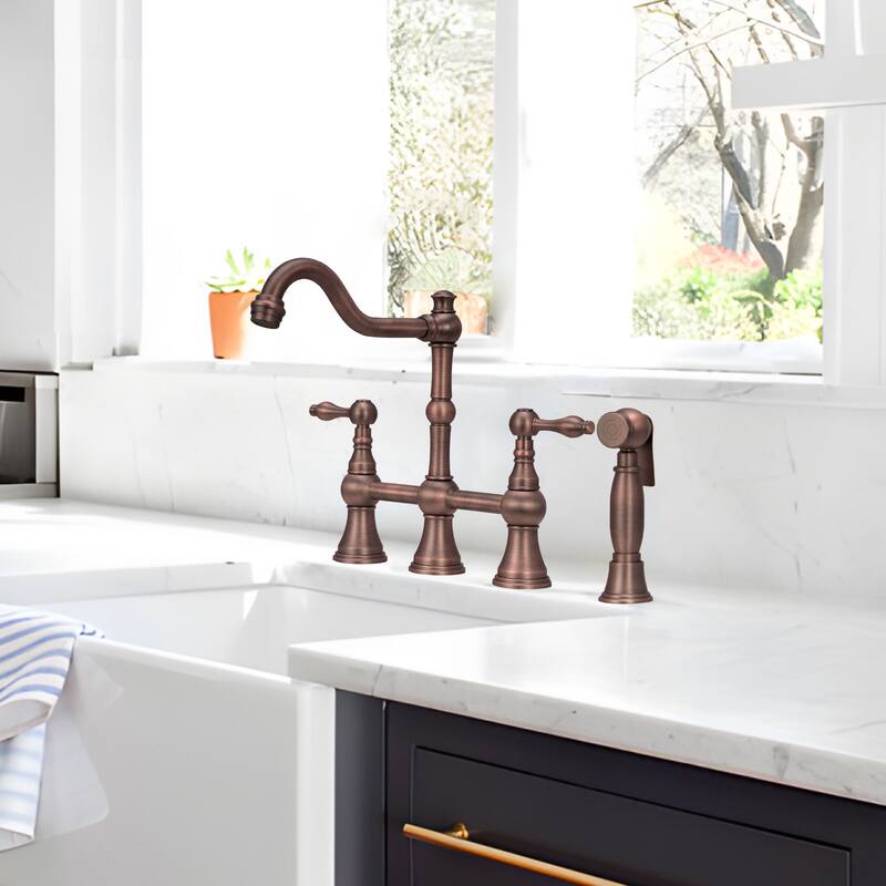 Two-Handles Bridge Kitchen Faucet with Side Sprayer