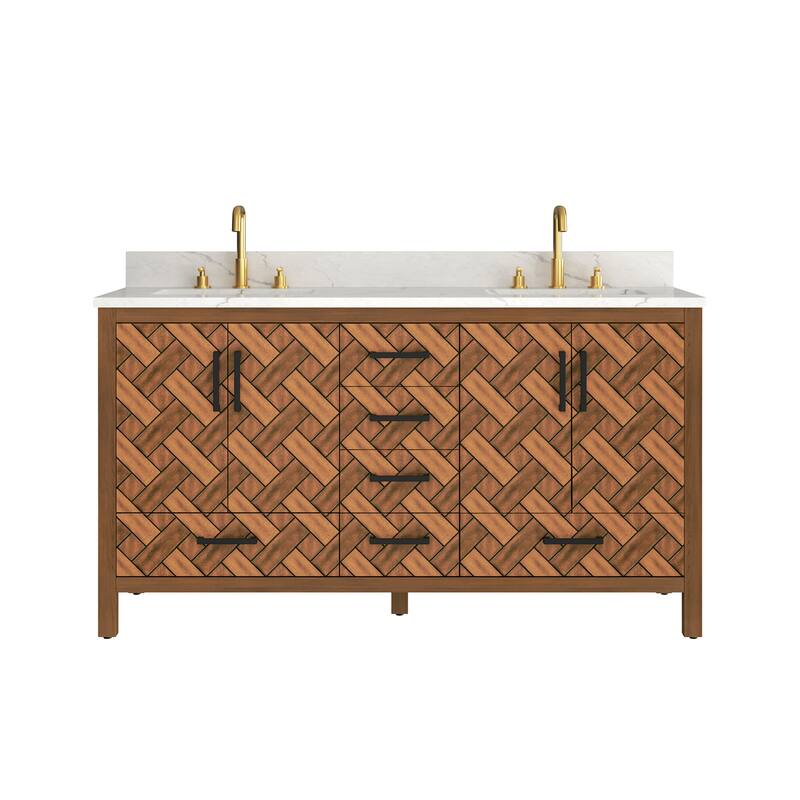 60" Freestanding Bathroom Vanity with Engineered Stone Top, Ceramic Double-Sink, Built-In Power Outlet, and Hair Dryer Storage