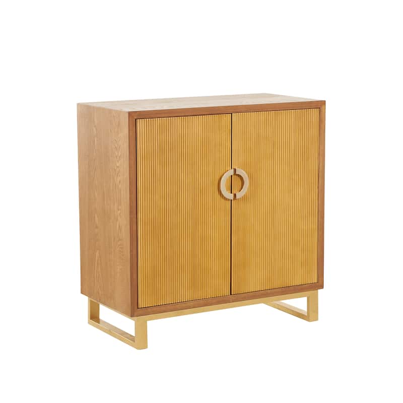Wooden Geometric 2 Door Cabinet with Gold Vertical Grooves and Curved Handles - Brown - Roche River Decor - 16"W x 32"L x 32"H