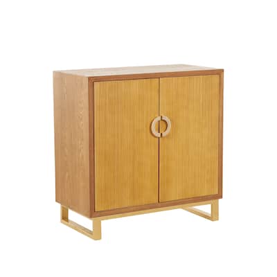 Wooden Geometric 2 Door Cabinet with Gold Vertical Grooves and Curved Handles - Brown - Roche River Decor - 16"W x 32"L x 32"H
