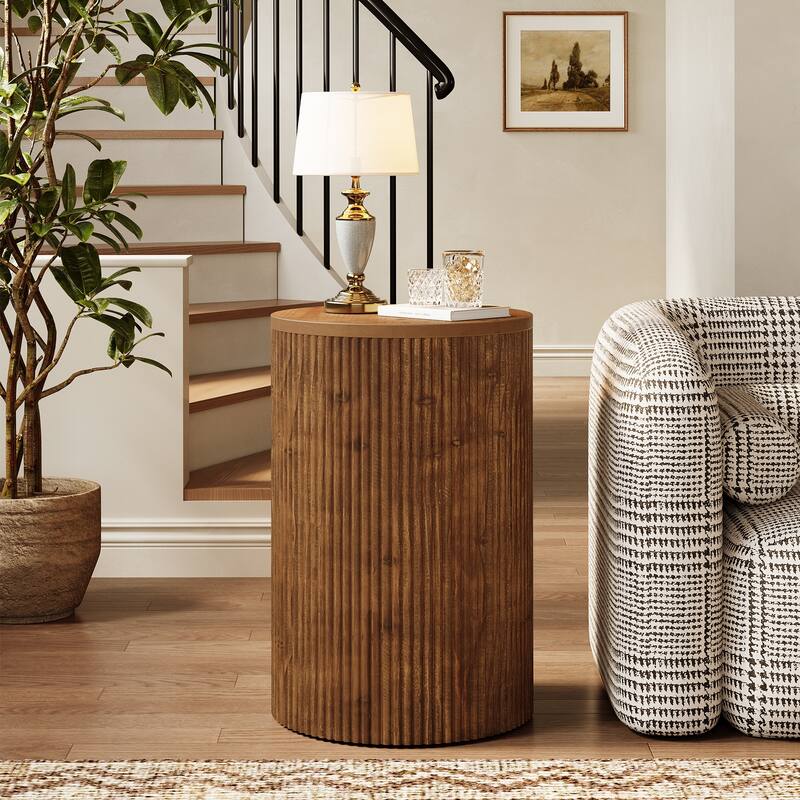 Solid Wood Round Side Table with Storage, 4 Wheels, Fully Assembled