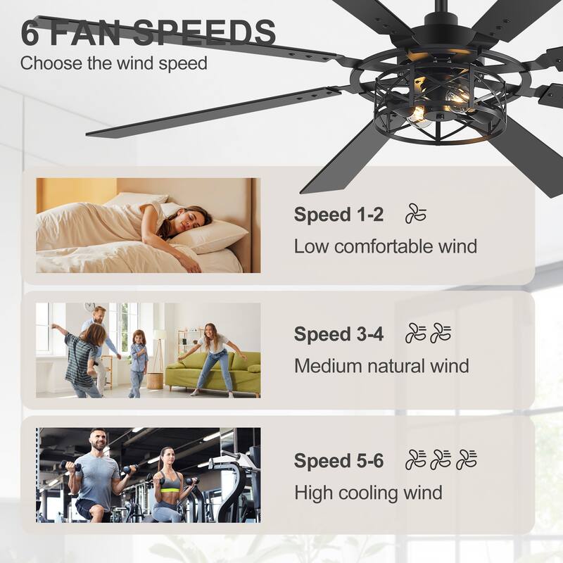52"/65" Industrial Reversible Wood 5/8-Blade Cage Ceiling Fan with Light Kit and Remote