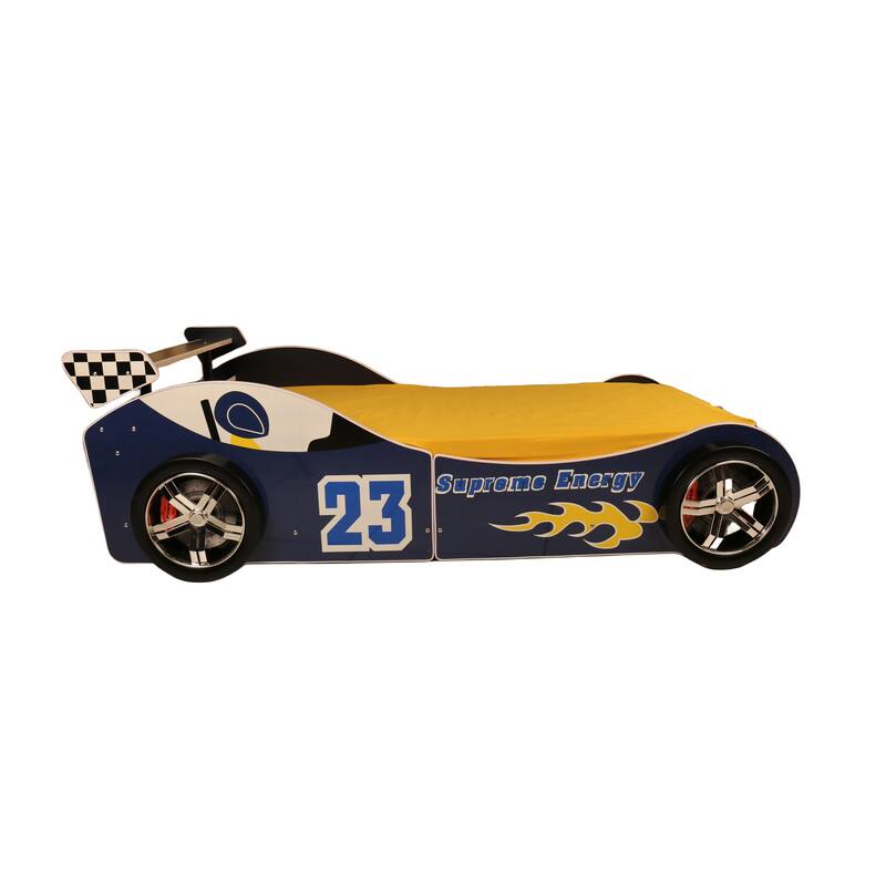 Race Car Twin Floor Bed with LED Headlights and Guardrails MDF Frame