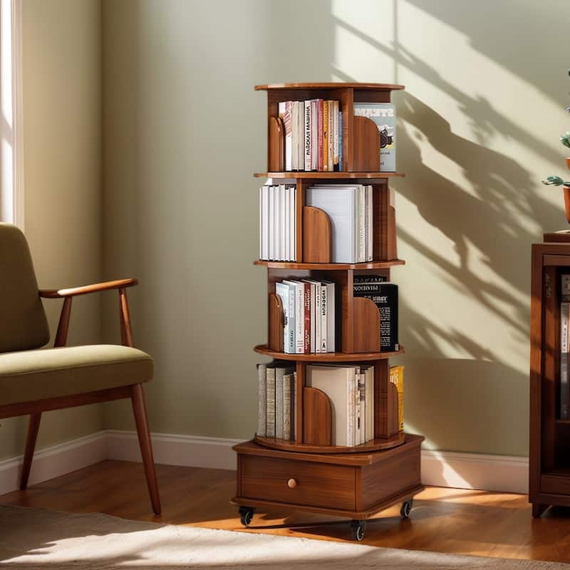 Rotating Bookshelf with Drawer,360 Display 5 Tier Bookshelf,Floor Standing Bookcase Storage Rack,Narrow Book Shelf Organizer - Walnut Brown