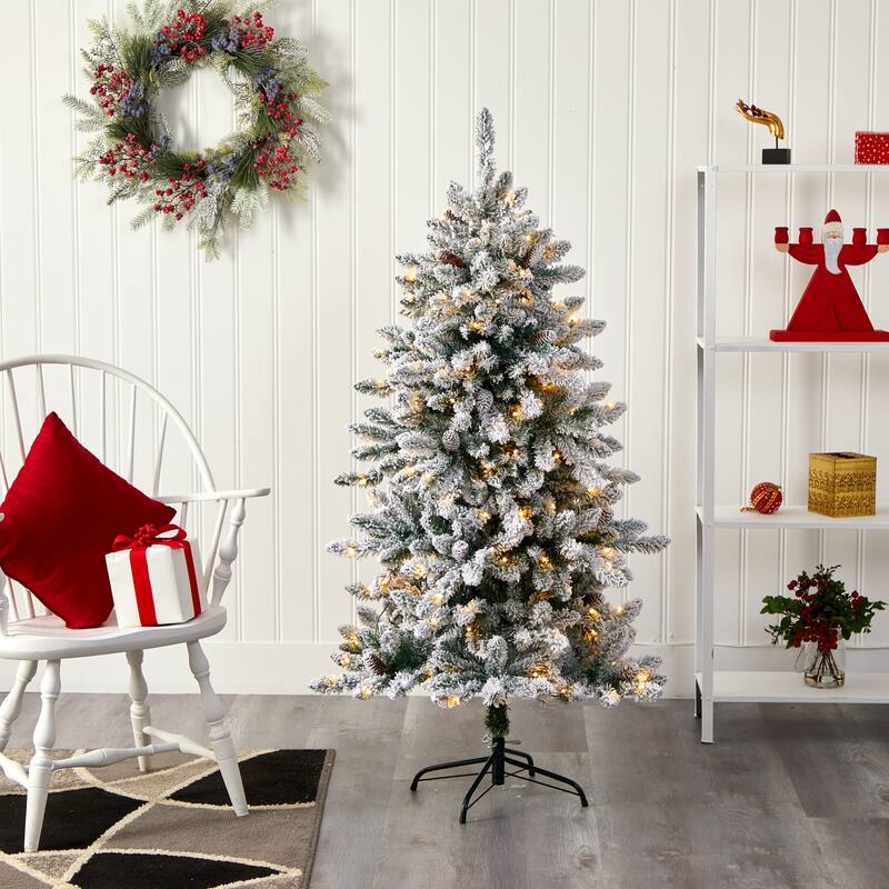 5ft Artificial Christmas Tree - Prelit Flocked Fir Tree with Warm Lights & Pine Cones - White - 60