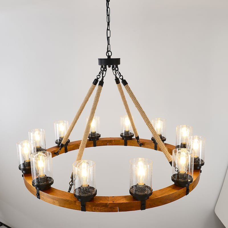 12-Light Rustic Wagon Wheel Chandelier,39Wooden Pendant Light with Seeded Glass Shade,SolidWood Design-NO INCLUDED BULBS