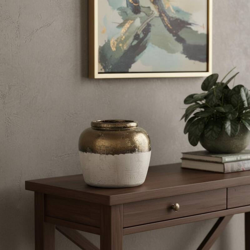 11" Antiqued Bronze And Light Gray Color Block Ceramic Round Table Vase - 7.50 - Light Gray/Antiqued Bronze - 7.50