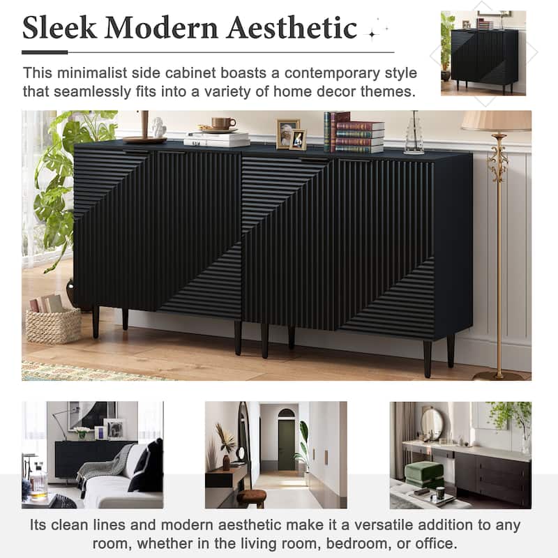 Modern Minimalist Side Cabinet with Adjustable Shelves and Geometric Doors, MDF Top and Metal Legs.