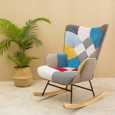 Mid Century Colorful Splicing Design Fabric Rocker Chair with Wood Legs and Patchwork Linen for Livingroom Bedroom