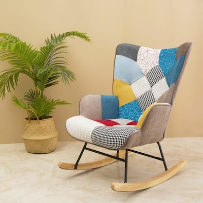 Rocking Chair, Mid Century Fabric Rocker Chair with Wood Legs and Patchwork Linen for Livingroom Bedroom