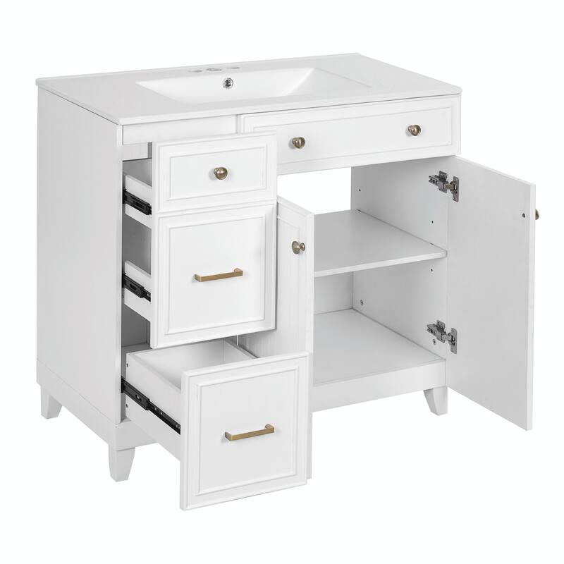 36" Bathroom Vanity with Ceramic Sink, Soft-Close Doors, Standard & Double-Layer Drawers & Adjustable Shelves