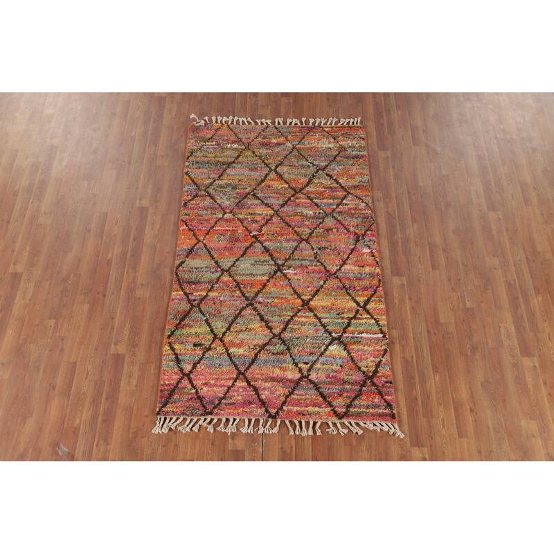 Hand Knotted Oriental 100% Wool Carpet Modern All-Over Multi-Colored Moroccan Area Rug - 6' 8'' X 4' 0''