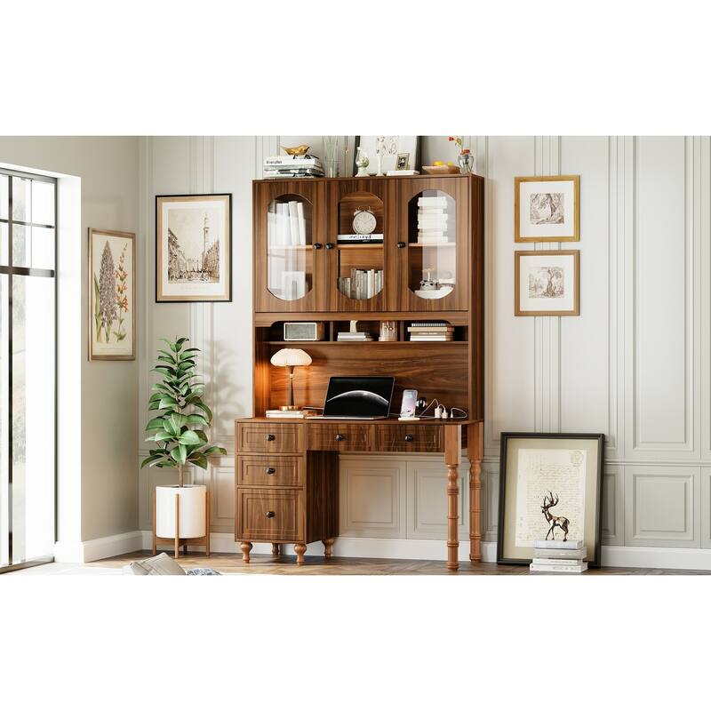 Computer Desk with Charging Ports & Hutch, Office Desk with 5 Drawers & Transparent Glass-Door, Home Executive Computer Desk