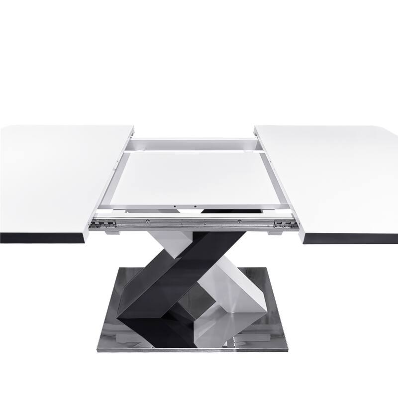 Modern Square Dining Table, Stretchable, with X-Shape Table Leg with Metal Base