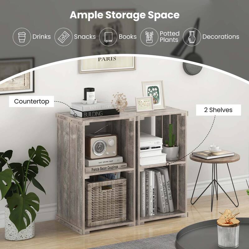 Costway 1/2 PCS 2-Cube Storage Shelf Slatted Paulownia Wood Cubic