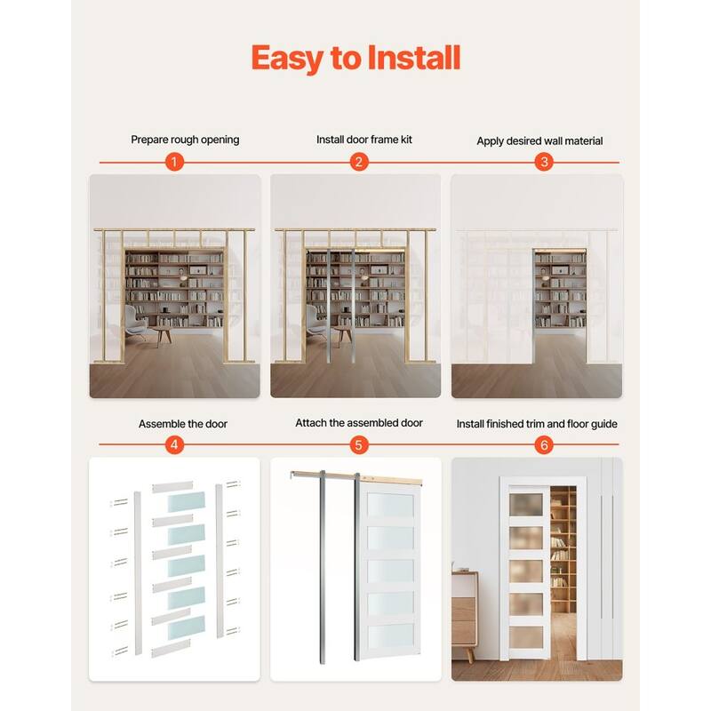 White Wood MDF Sliding Pocket Door with Frosted Glass Panels