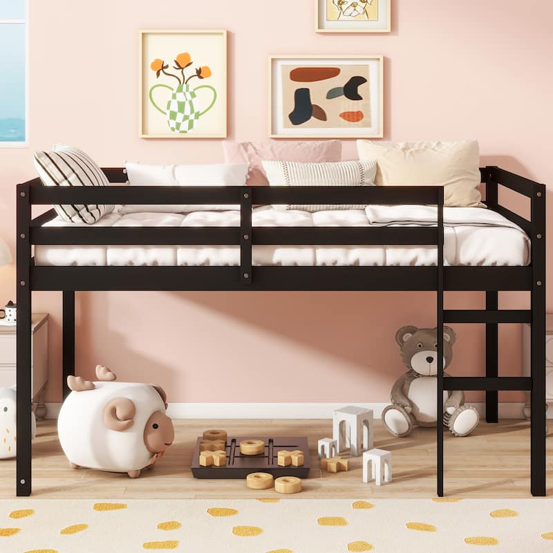 Black Twin Loft Bed with Ladder, Strengthened Slats, Rubber Wood and Plywood - Black