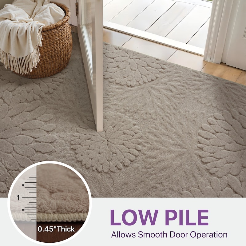 Mcow 3D Floral High-Low Textured Plush Washable Non-Slip Area Rug