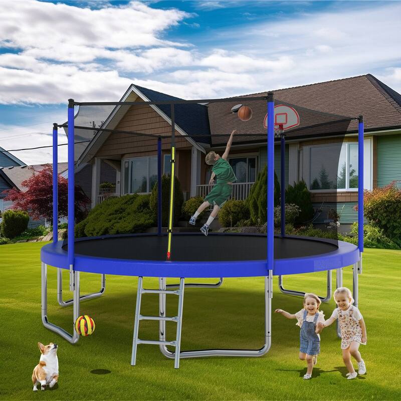 Outdoor Kids Trampoline with Basketball Hoop and Ladder, with Safety Enclosure for Backyard Fun
