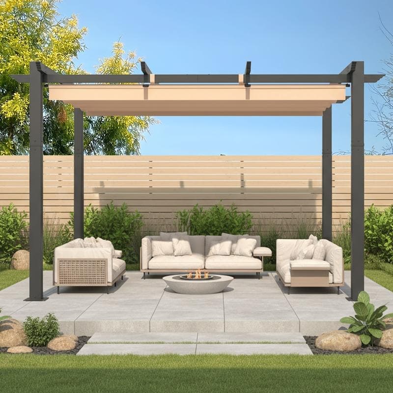EROMMY 10' x 13' Outdoor Pergola with Retractable Canopy, Heavy-Duty Metal Frame and Adjustable Patio Shade Roof - 10'x12' - Khaki