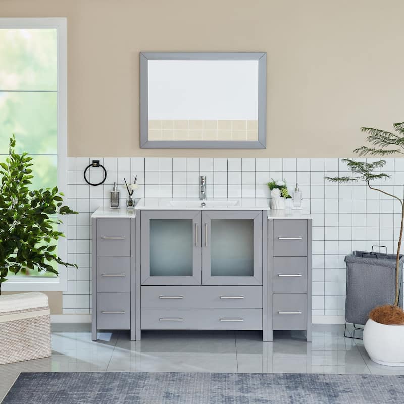 Vanity Art 60-Inch Single Sink Bathroom Vanity Set 8 Dove-Tailed Drawers 3 Cabinets 1 Shelf Soft-Closing Doors with Free Mirror - Grey
