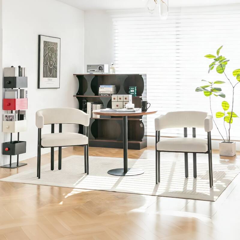 Modern Dining Chairs Set of 2, Faux Leather Upholstered Barrel Chairs with Integrated Curved Back And Armrests, Metal Frame - White PU