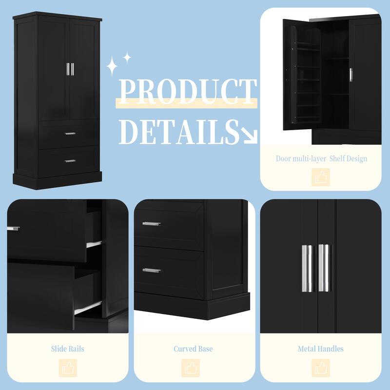 Tall Bathroom Storage Cabinet with Two Doors and Drawers, Adjustable Shelf, MDF Board