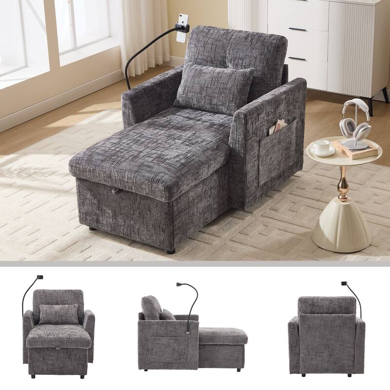 Multifunctional Recliner Sofa - Storage Backrest, Phone Holder, Chenille Leisure Chair - Living Room, Bedroom - Grey