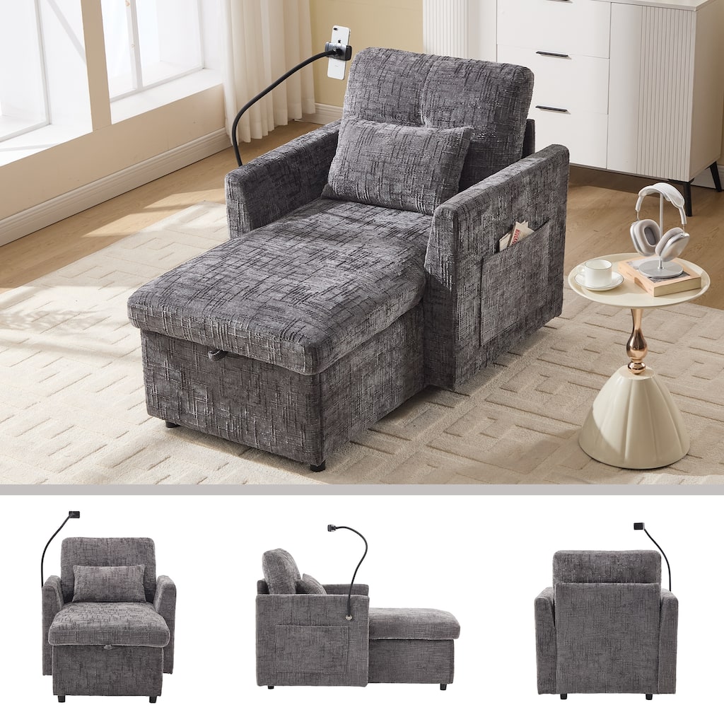 Multifunctional lazy person sofa recliner can be stored storage backrest with cell phone bracket chenille single leisure chair