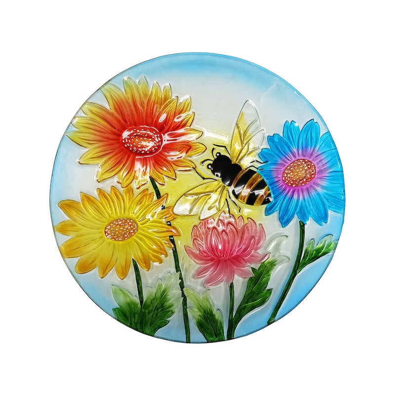 18" Glass Birdbath w/ Flowers & Bee w/ Metal Stand